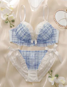 Piezas Conjunto de sujetador balconette con aros, con estampado de cuadros, copas moldeadas, encaje, volantes de varios niveles y moño, kawaii, lindo - Shein - FashionsVida