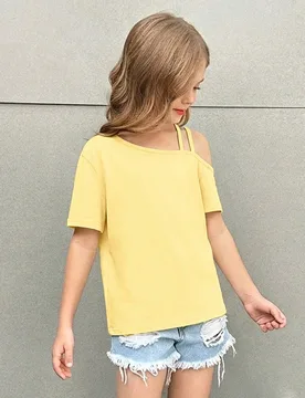 Blusa de un solo hombro de manga corta de unicolor tejida, informal y de vacaciones para niña preadolescente Nova Glow - Shein - FashionsVida