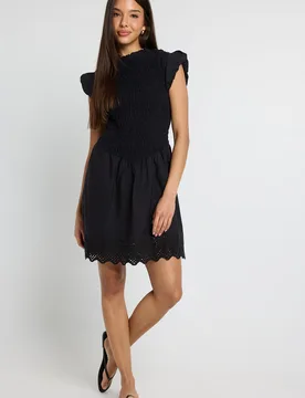 Womens Shirred Body Mini Dress With Broderie Hem - Black - Size X-Small - Boohoo - FashionsVida