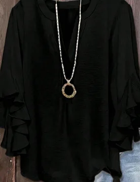 Blusa de unicolor con cuello en V y mangas con volantes para mujer talla grande, color negro, primavera 1XL - Shein - FashionsVida