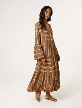 V Neck Aztec Smock Dress - L/XL / TOBACCO - female - Blue Vanilla - FashionsVida