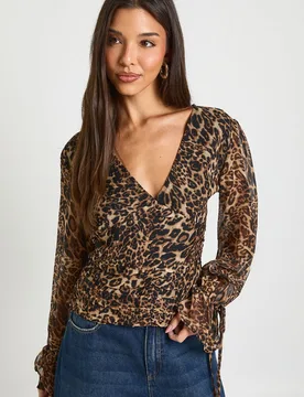 Womens Leopard Chiffon Tie Cuff Blouse - Size 10 Uk - Boohoo - FashionsVida
