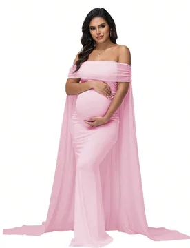 Elegante vestido de maternidad con hombros transparentes, adecuado para fiesta de baby shower, vestido largo con capucha rosa primavera otoño M - Shein - FashionsVida