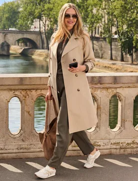 Tab Collar Double Breasted Midi Trench Coat Ecru female - Sosandar - FashionsVida