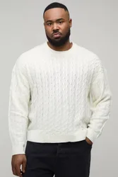 Herren Plus Basic Kastiger Zopfmuster-Strickpullover Ecru Größe 4XL