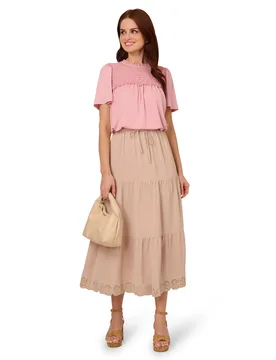 Women's Pull On Drawstring Airflow Tiered Skirt W/ Embroidered Hem in Beige Size: XS - Beige - Size: XS - Adrianna Papell - FashionsVida