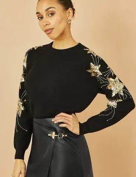 Women's Black Relaxed Fit Jumper With Sequin Star Sleeves Size: Small - Black - Size: S - Yumi - FashionsVida