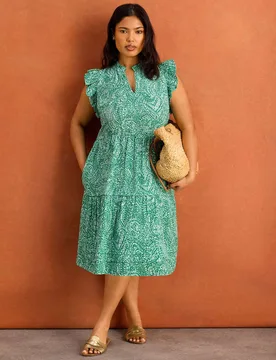 Pure Cotton Printed Knee Length Tiered Dress Green female - Live Unlimited London - FashionsVida