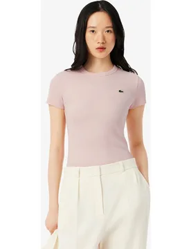Camiseta de mujer de canalé de algodón de corte ajustado de manga corta - Lacoste - FashionsVida