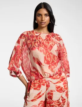 Blusa de mujer estampada con lazos corte boxy con mangas de tres cuartos amplias - Elena Miró - FashionsVida