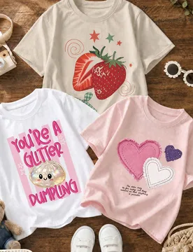 Pieza Camiseta de estilo dulce de verano para niñas con estampado de fresas, top con patrón de cuadros frescos, lazos y estrellas, suelto, cómodo, - Shein - FashionsVida