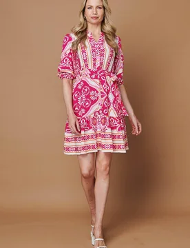 Women's Printed Tie Waist 3/4 Sleeve Short Dress in Pink Size: 16 - Pink - Size: 16 - Izabel London - FashionsVida