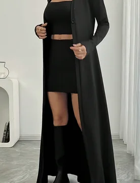 Cárdigan largo de ajuste ceñido de manga larga con botones, de unicolor y versátil, para mujer de talla grande, color negro, para primavera 4XL - Shein - FashionsVida