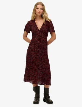 Superdry Damen Kurzärmeliges, Bedrucktes Midikleid mit Knopfleiste Red - Größe: 36 - 74.99 - FashionsVida