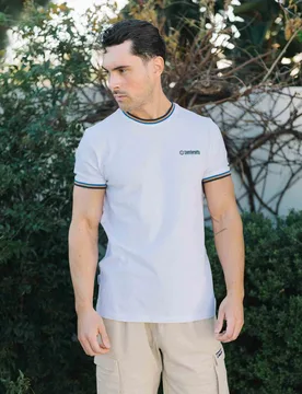 Mens White Navy Tobacco Royal Triple Tipped Pique T-Shirt - Size Large - Lambretta - FashionsVida