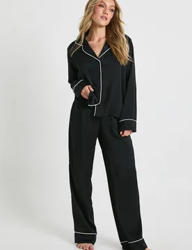 Womens Petite Satin Piping Detail Long Sleeve Shirt & Trousers Pyjama Set - Black - Size 6 Uk - Boohoo - FashionsVida