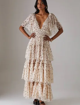 Women's Tulle Polka Dot Plunge Neck Flutter Sleeve Tier Maxi Dress in Cream Size: 10 - Cream - Size: 10 - Warehouse - FashionsVida