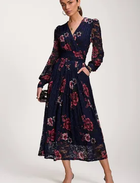 Women's Long Sleeve Printed Lace Midaxi Dress in Dark Navy Size: 12 - Dark Navy - Size: 12 - Jolie Moi - FashionsVida