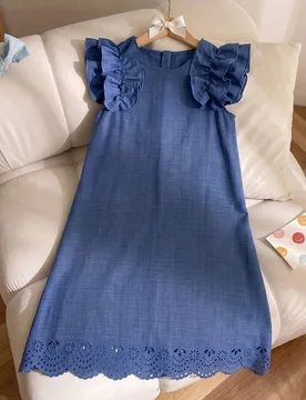 Vestido midi dulce sin mangas con volantes y cuello redondo, estampado tropical 3D, para vacaciones de primavera/verano de niñas preadolescentes 12Y - Shein - FashionsVida