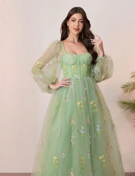 Vestido de fiesta romántico vintage verde con mangas de linterna de princesa, vestido de fiesta con bustier, vestido de cóctel para invitada de boda - Shein - FashionsVida