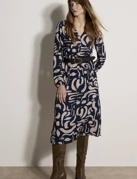 Women's Abstract Brushstroke Midi Dress in Navy Size: 10 - Navy - Size: 10 - Apricot - FashionsVida