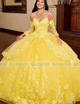 Yellow Quinceanera Dress 2025 Mexican Vestidos De 15 3D Flower Princess Sweet 16 Birthday Ball Gown Detachable Sleeves Lace Gown - Aliexpress - FashionsVida