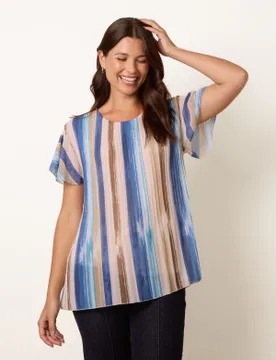 Short Sleeve Pleated Paint Top - M/L / DENIM / BLUE - female - Blue Vanilla - FashionsVida
