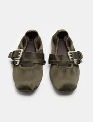 Satin Double Buckle Flat Mary Jane Ballet Pumps Olive female
