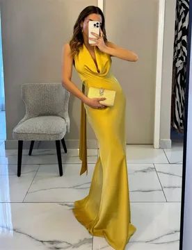 Customized Delicate Mermaid Halter Backless Evening Dresses Temperament Satin Pleats Yellow Vestido De Festa Vestido D - Aliexpress - FashionsVida