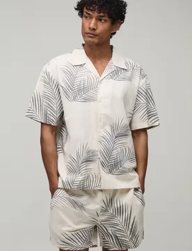 Mens Oversized Palm Print Shirt And Short Set - Natural Linen - Size Small - boohooMAN - FashionsVida