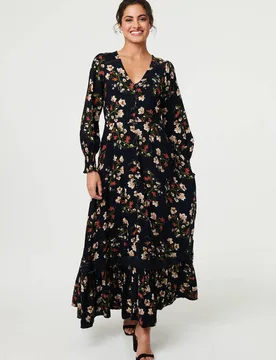Women's Floral Long Sleeve Lace Trim Maxi Dress in Navy Size: 14 - Navy - Size: 14 - Izabel London - FashionsVida
