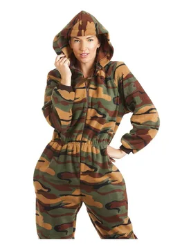 Women's Luxury All In One Camouflage Print Hooded Fleece Onesie in Green Size: 18-20 - Green - Size: 18-20 - Camille - FashionsVida