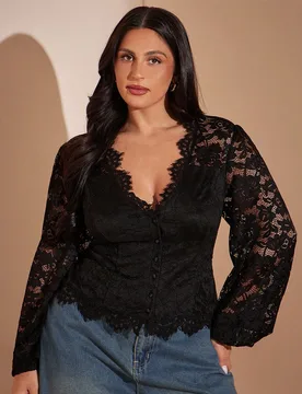 Top de encaje negro para mujer talla grande, manga farol, semitransparente, sexy, cuello en V 3XL - Shein - FashionsVida