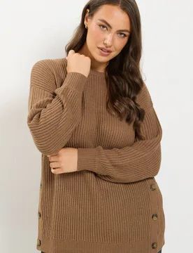 Women's Side Button Knitted Jumper in Brown Size: 18-20 - Brown - Size: 18-20 - Yours - FashionsVida