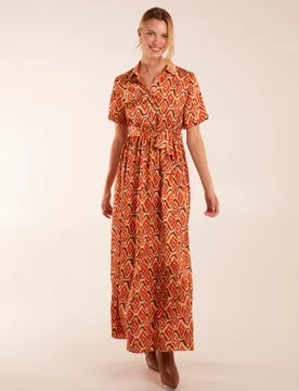 Geometric Belted Maxi Shirt Dress - 8 / Rust - female - Blue Vanilla - FashionsVida