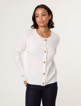 Gold Flower Buttons Cardigan - 18/20 / IVORY - female - Blue Vanilla - FashionsVida