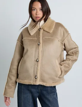 Womens Fur Detail Suede Collared Aviator Jacket - Beige - Size 14 Uk - Boohoo - FashionsVida