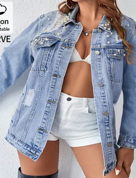 Chaqueta vaquera de talla grande con decoración de perlas falsas, chaqueta vaquera azul claro holgada y casual con roturas, adecuada para el estilo d - Shein - FashionsVida