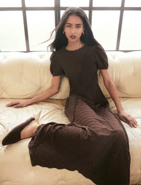 Textured Round Neck Midi Bodycon Dress Brown female - Nobody's Child - FashionsVida