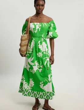 Women's Bead Detail Floral Printed Cotton Poplin Midi Dress in Green Size: 10 - Green - Size: 10 - Karen millen - FashionsVida