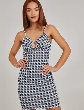 Womens Geometric Print Strappy Mini Dress - Black - Size 8 Uk - Pink Vanilla - FashionsVida