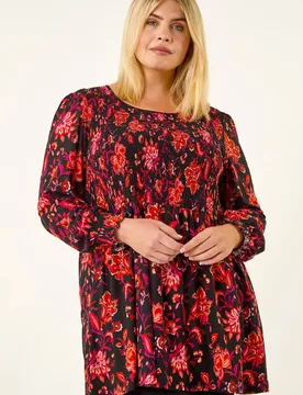 Women's Curve Floral Print Stretch Top in Red Size: 20 - Red - Size: 20 - Roman - FashionsVida