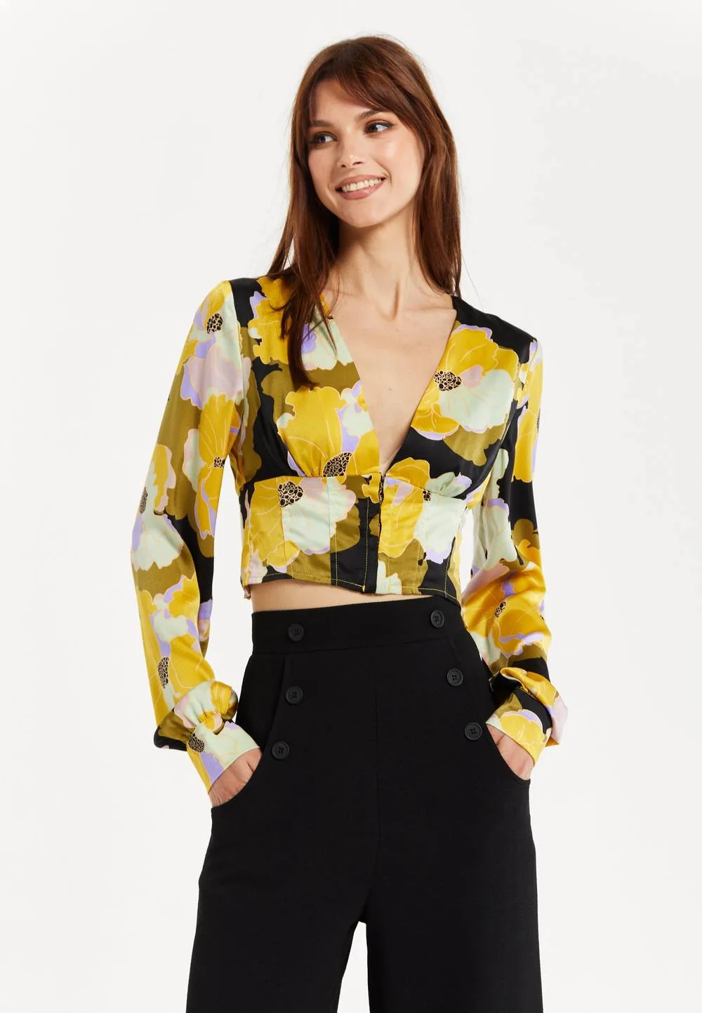 Women's Earth Tone Floral Print Crop Top in Black Size: 14 - Black - Size: 14 - Liquorish - FashionsVida