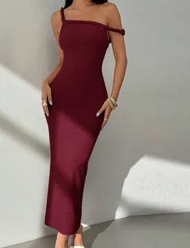 Vestido largo minimalista de unicolor con hombro asimétrico y tirantes finos, ajustado, para mujer, verano, vestidos de verano para mujer, mujer pequ - Shein - FashionsVida