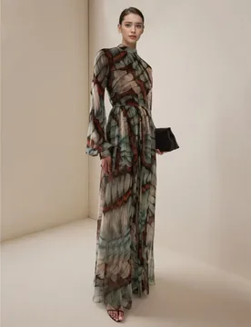 A new long-sleeved elegant lantern sleeve printed long stand-up collar dress - Aliexpress - FashionsVida