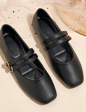 Flatjoy 2026 Elegante Estilo Otoño/Invierno Zapatos Planos Mary Jane Negros con Textura y Punta Cuadrada para Mujer, Diseño Único de Doble Correa c - Shein - FashionsVida