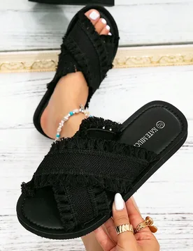 Sandalias negras con flecos para mujer KATE MIUCH, minimalistas, adecuadas para primavera/verano, estilo europeo y americano. Sandalias planas negras - Shein - FashionsVida