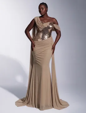 Vestido de Sirena con Cola, Talla Grande, Color Dorado Champán, Un Hombro, Corsé de Lentejuelas, Manga Capa y Fruncido para Prom, Eventos de Boda & - Shein - FashionsVida