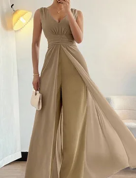 Elegante mono de pierna ancha con cuello en V, cintura fruncida y detalles de perlas en gasa, adecuado como vestido de invitada de boda, color morado - Shein - FashionsVida