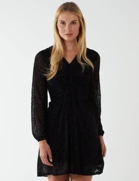Leopard Print Flocked Knot Front Angel Sleeve Dress - 8 / BLACK - female - Blue Vanilla - FashionsVida